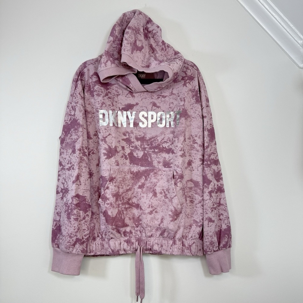 DKNY Sport Girls Hoodie L (12) Pink Tie Dye Pullover‎ Logo Sweatshirt Drawstring